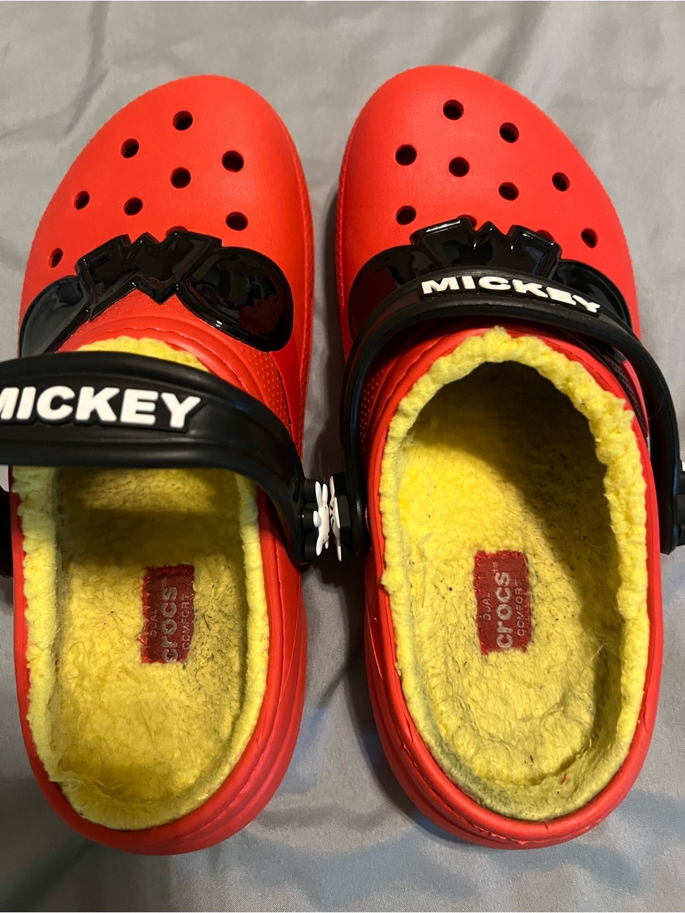 CROCS Kids Red Clog with Yellow Fleece Lining and Black Strap